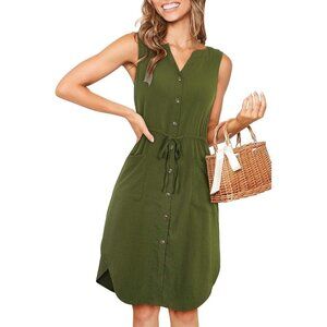 Kilig Shirt Dress Size Large Sleeveless V Neck Button Front Drawstring Olive NEW